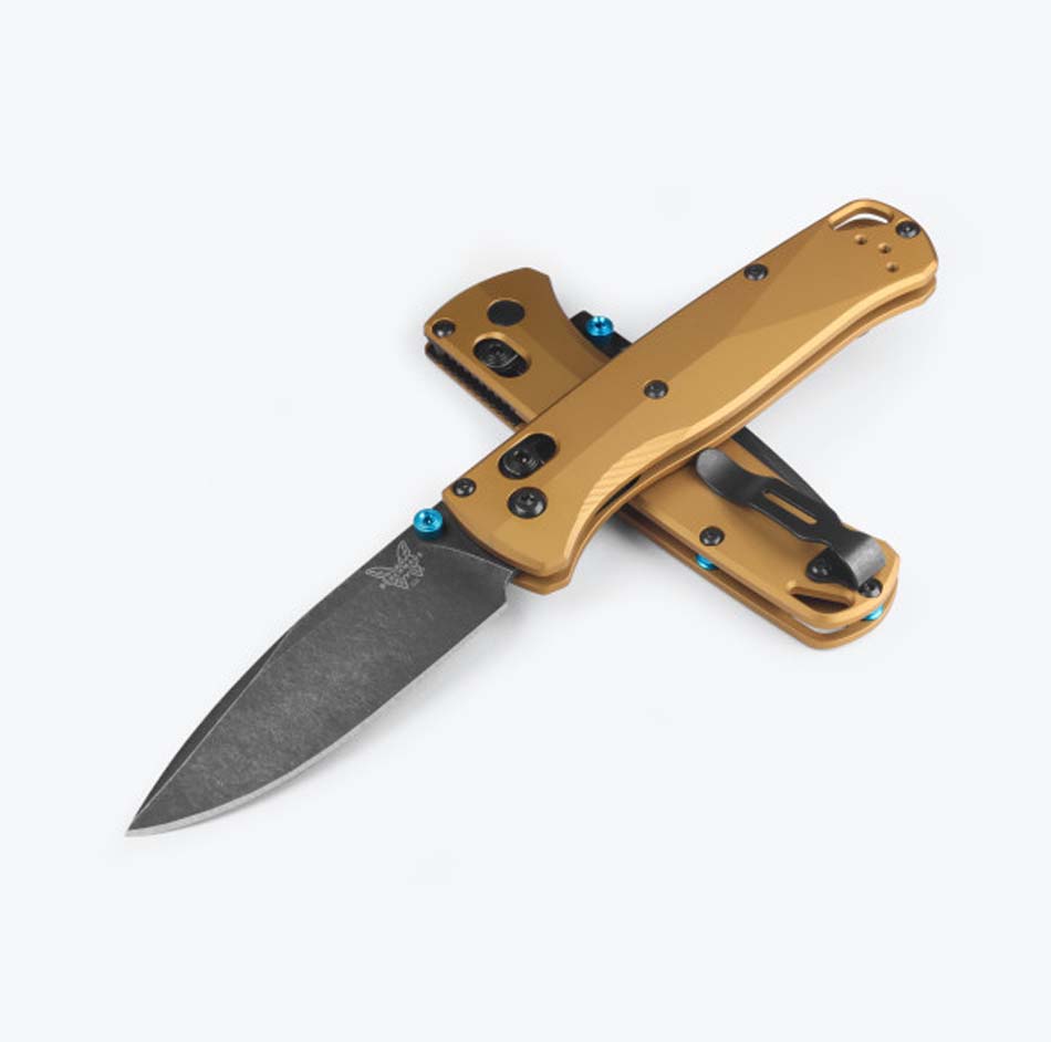 Benchmade 535BK-7 Bugout AXIS 3.24" Burnt Brass Aluminum M390 Black DLC Battlewash Finish Blade Folding Knife Benchmade 535BK-7 Bugout AXIS 3.24" Burnt Brass Aluminum M390 Black DLC Battlewash Finish Blade Folding Knife