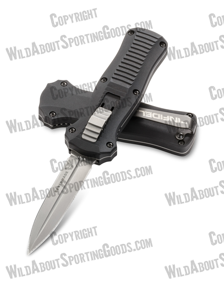 Benchmade 3350 Mini-Infidel AUTO OTF 3.10" D2 Satin Double Edge Blade, Aluminum Handles, Sheath with MALICE CLIP included