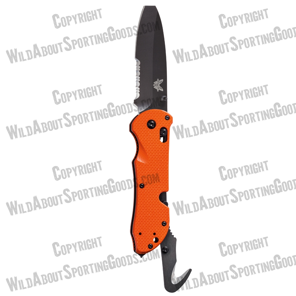 Benchmade 916SBK-ORG Triage Rescue Knife 3.5" Black Combo Blunt Tip Blade, Orange G10 Handles, Safety Cutter, Glass Breaker