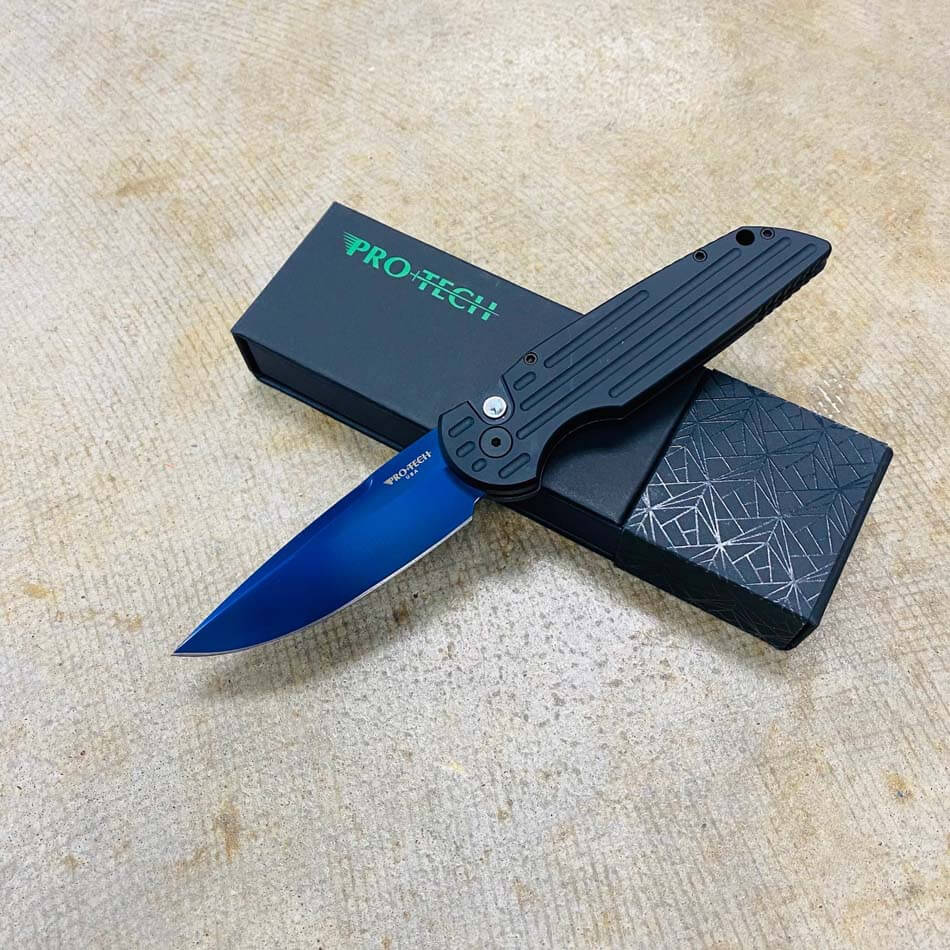 PROTECH TR-3 SB Tactical Response III Auto Folding knife 3.375" 154CM Sapphire Blue Plain Blade Black Milled Aluminum Handles Abalone Button - TR-3 SB