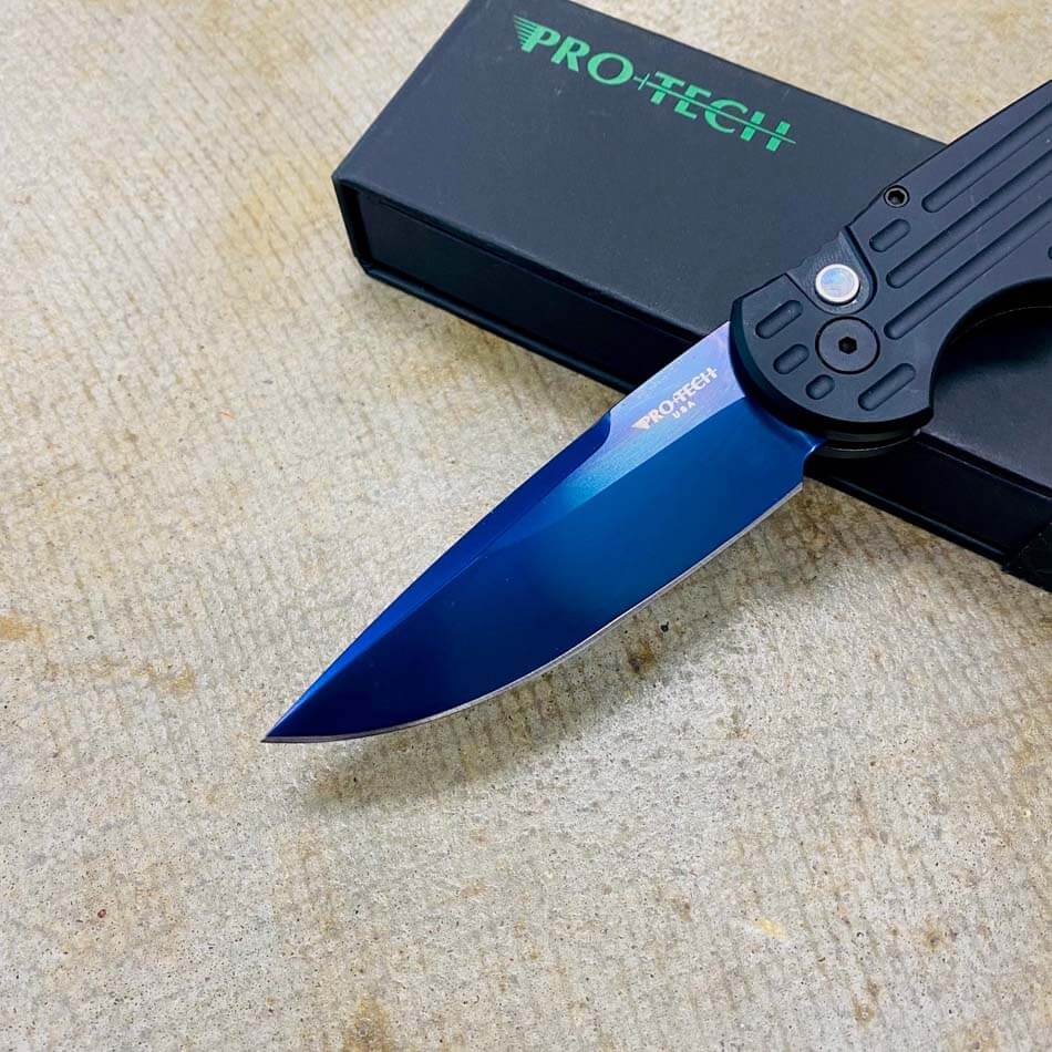 PROTECH TR-3 SB Tactical Response III Auto Folding knife 3.375" 154CM Sapphire Blue Plain Blade Black Milled Aluminum Handles Abalone Button - TR-3 SB