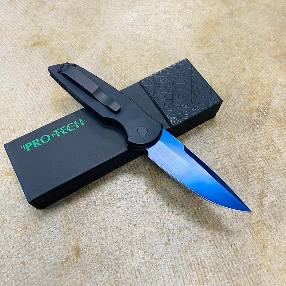 PROTECH TR-3 SB Tactical Response III Auto Folding knife 3.375" 154CM Sapphire Blue Plain Blade Black Milled Aluminum Handles Abalone Button - TR-3 SB