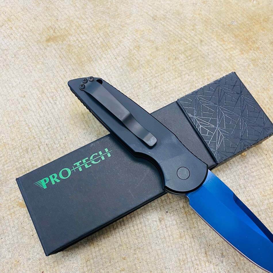 PROTECH TR-3 SB Tactical Response III Auto Folding knife 3.375" 154CM Sapphire Blue Plain Blade Black Milled Aluminum Handles Abalone Button - TR-3 SB