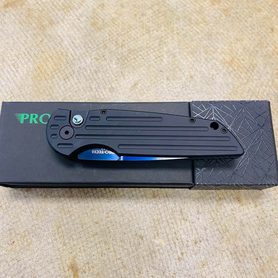 PROTECH TR-3 SB Tactical Response III Auto Folding knife 3.375" 154CM Sapphire Blue Plain Blade Black Milled Aluminum Handles Abalone Button - TR-3 SB