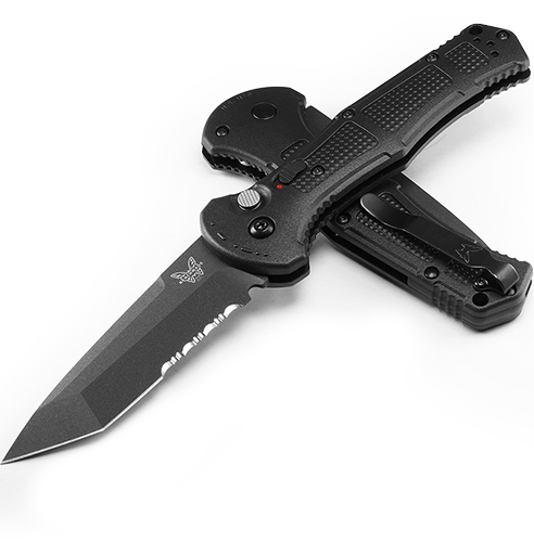 Benchmade 9071SBK Claymore AUTO Folding Serrated Knife 3.6" CPM-D2 Tanto Cobalt Blade Black Grivory Handles Benchmade 9071SBK Claymore AUTO Folding Serrated Knife 3.6" CPM-D2 Tanto Cobalt Blade Black Grivory Handles