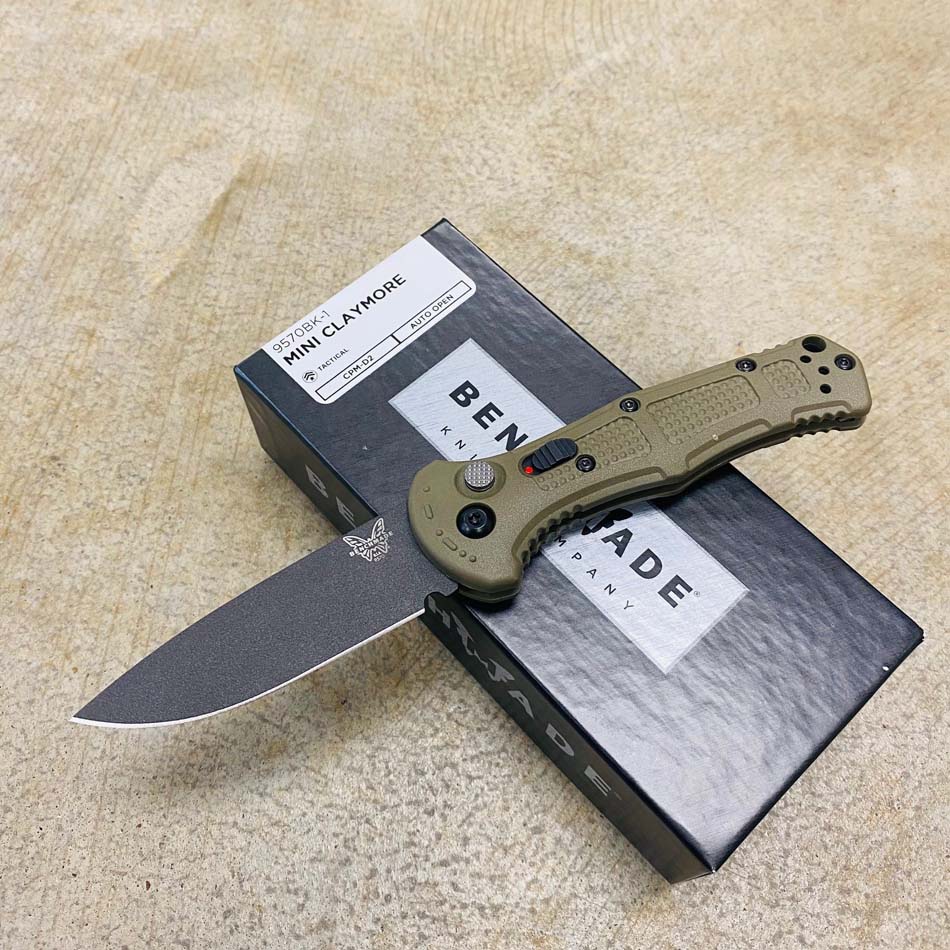 Benchmade 9570BK-1 Mini Claymore AUTO Folding Knife 3" CPM-D2 Cobalt Blade Ranger Green Grivory Handles