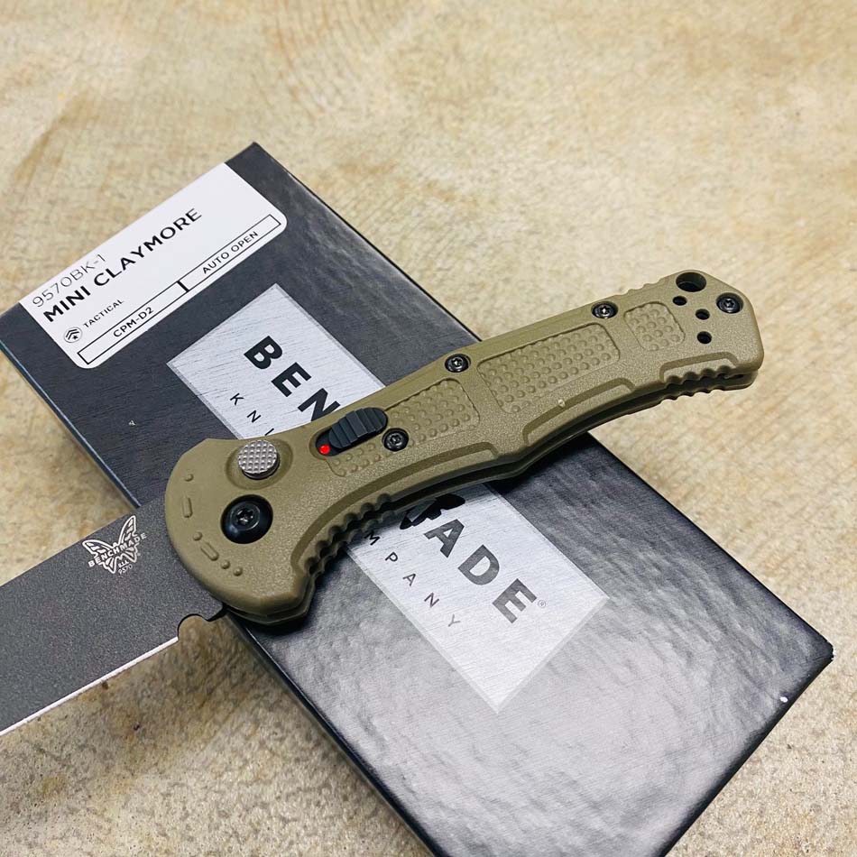 Benchmade 9570BK-1 Mini Claymore AUTO Folding Knife 3" CPM-D2 Cobalt Blade Ranger Green Grivory Handles - 9570BK-1