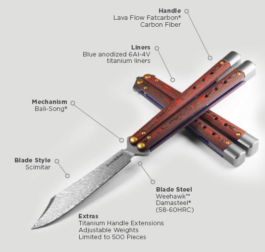 Benchmade 99-241 Necron GOLD GLASS Lava Flow Fatcarbon Carbon Fiber Handles, 4.59" Weehawk Damasteel Blade, Butterfly Knife