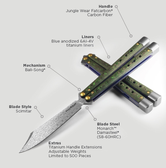 Benchmade 99-242 Necron GOLD GLASS Jungle Wear Fatcarbon Carbon Fiber Handles, 4.59" Monarch Damasteel Blade, Butterfly Knife