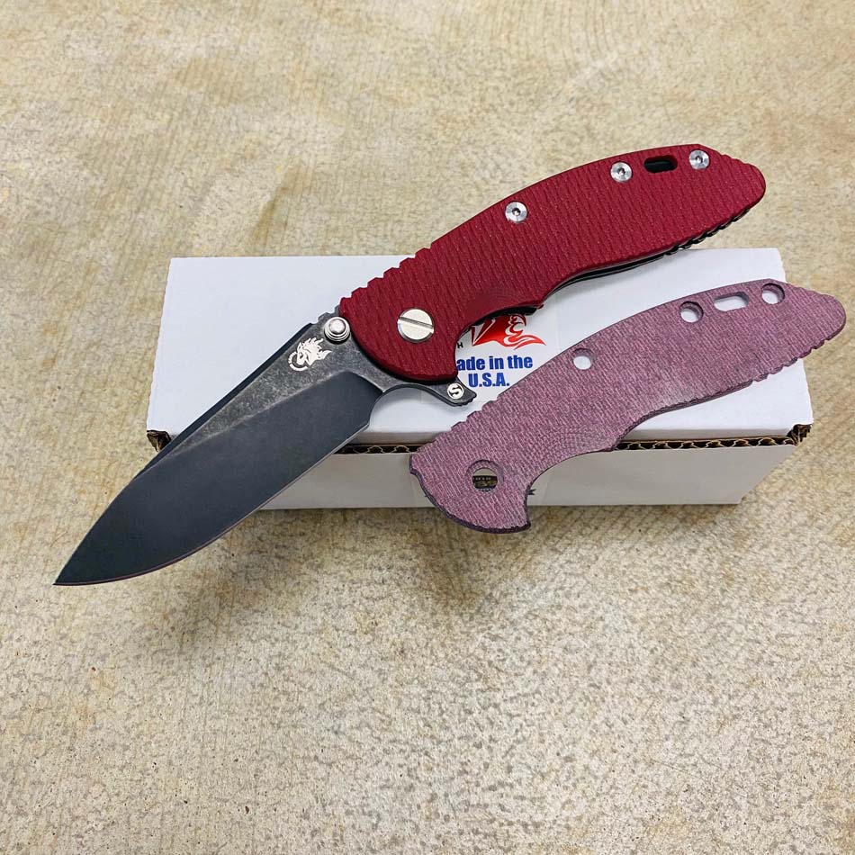 Rick Hinderer XM-18 3.5" SKINNY Magnacut Slicer Tri-Way Battle Black, Red G10 Knife BUNDLE with SKINNY Scale Micarta Burgundy Rick Hinderer XM-18 3.5" SKINNY Magnacut Slicer Tri-Way Battle Black, Red G10 Knife BUNDLE with SKINNY Scale Micarta Burgundy