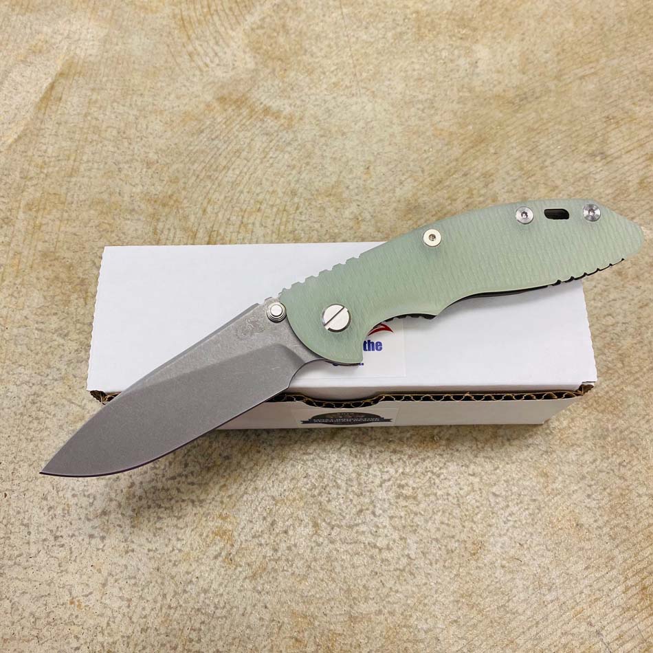 Rick Hinderer XM-18 3.5" Slicer Non-Flipper Working Finish S45VN Blade Tri-Way Battle Bronze Translucent Green G10