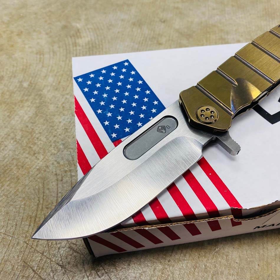 Medford USMC Fighter Flipper 4.25" S35VN SATIN Blade Faced Bronze Handles GOLD Theme Knife serial 107-166 - MKT USMC FF BB Bronze 2