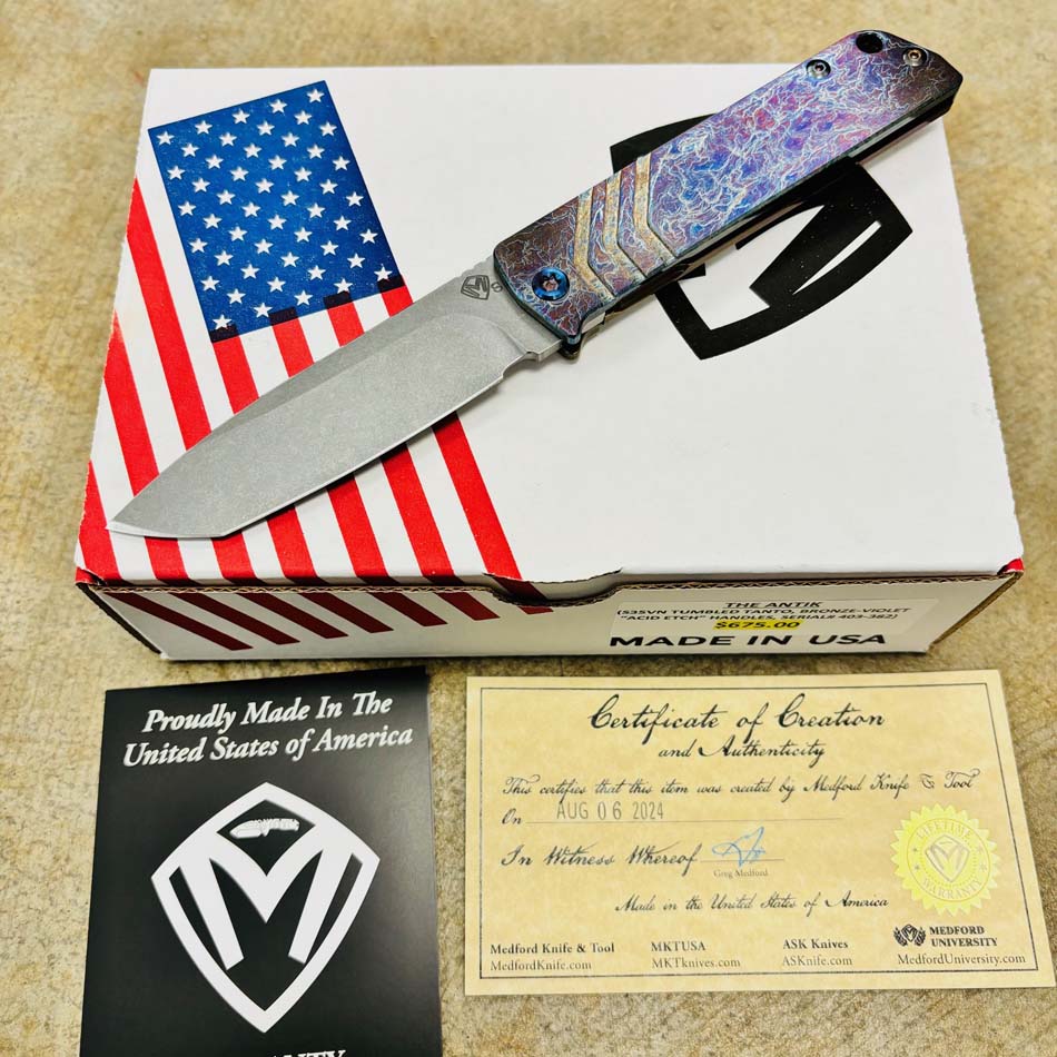 Medford Antik Front Flipper, S35VN Tumbled TANTO, Bronze to Violet Acid Etch Knife Serial 403-382 Medford Antik Front Flipper, S35VN Tumbled TANTO, Bronze to Violet Acid Etch Knife Serial 403-382