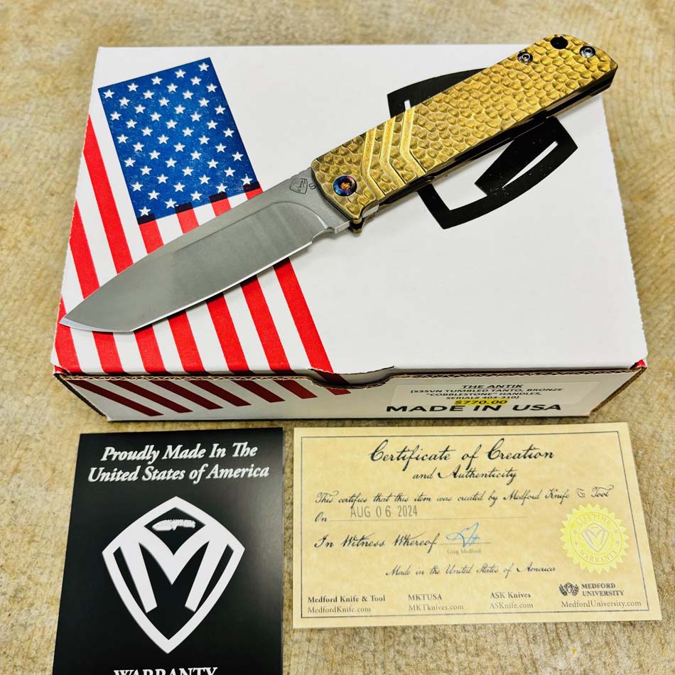 Medford Antik Front Flipper, S35VN Tumbled TANTO, Bronze Cobblestone Handles Knife Serial 403-310 Medford Antik Front Flipper, S35VN Tumbled TANTO, Bronze Cobblestone Handles Knife Serial 403-310