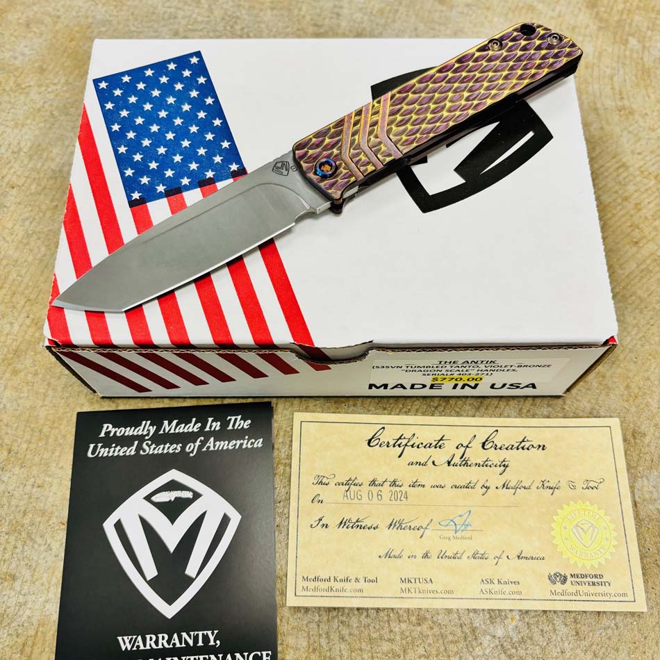 Medford Antik Front Flipper, S35VN Tumbled TANTO, Violet Bronze Dragon Scale Handles Knife Serial 403-271 Medford Antik Front Flipper, S35VN Tumbled TANTO, Violet Bronze Dragon Scale Handles Knife Serial 403-271