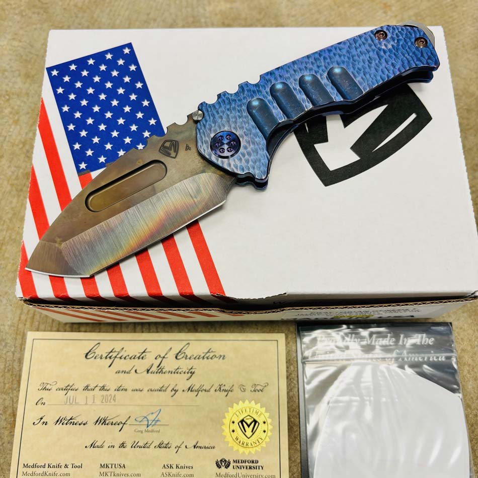 Medford Praetorian Genesis T S45VN Vulcan 3.3" TANTO Blue Cobblestone Handles Knife Serial 310-668 Medford Praetorian Genesis T S45VN Vulcan 3.3" TANTO Blue Cobblestone Handles Knife Serial 310-668