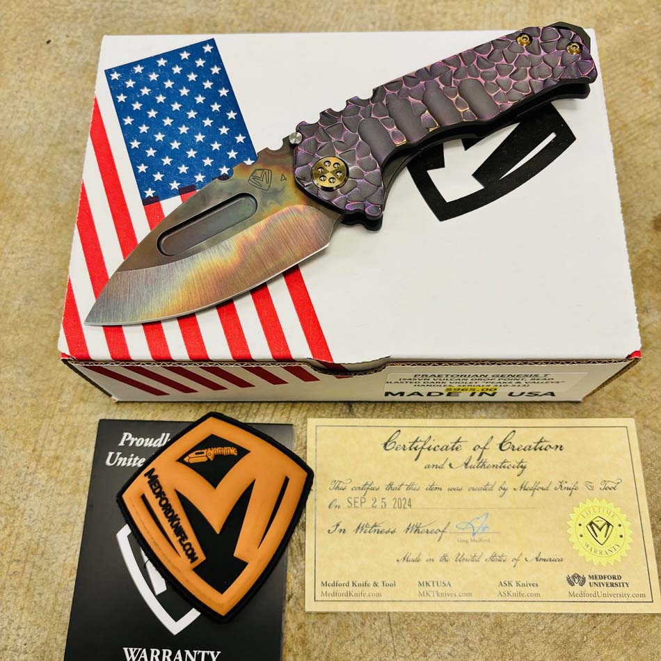 Medford Praetorian Genesis T S45VN Vulcan 3.3" Drop Point Bead Blasted DARK VIOLET Peaks and Valleys Knife Serial 310-513 Medford Praetorian Genesis T S45VN Vulcan 3.3" Drop Point Bead Blasted DARK VIOLET Peaks and Valleys Knife Serial 310-513