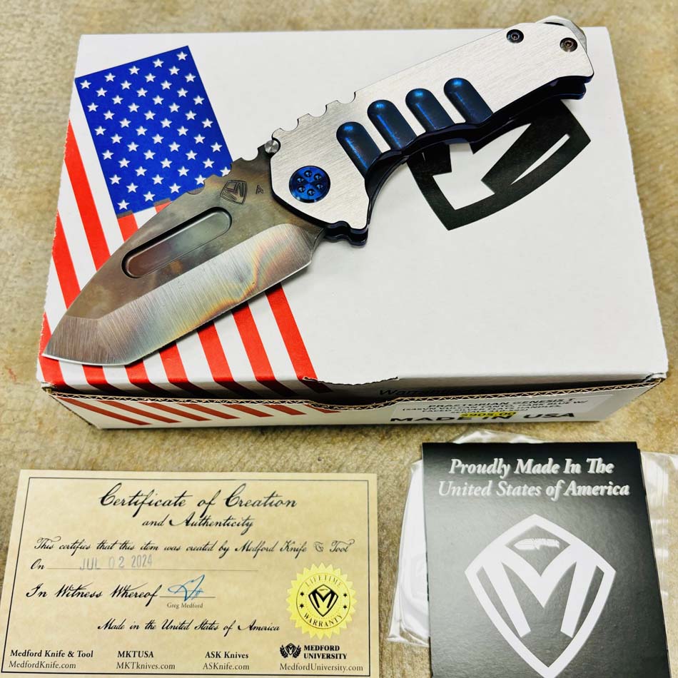 Medford Praetorian Genesis T S45VN Vulcan 3.3" TANTO Dark Blue with Faced Silver Flats Handle Knife 310-592 Medford Praetorian Genesis T S45VN Vulcan 3.3" TANTO Dark Blue with Faced Silver Flats Handle Knife 310-592