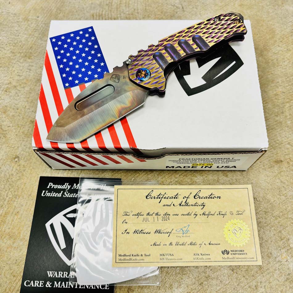 Medford Praetorian Genesis T S45VN Vulcan 3.3" TANTO Violet Bronze Dragon Scale Handles Knife 310-633 Medford Praetorian Genesis T S45VN Vulcan 3.3" TANTO Violet Bronze Dragon Scale Handles Knife 310-633