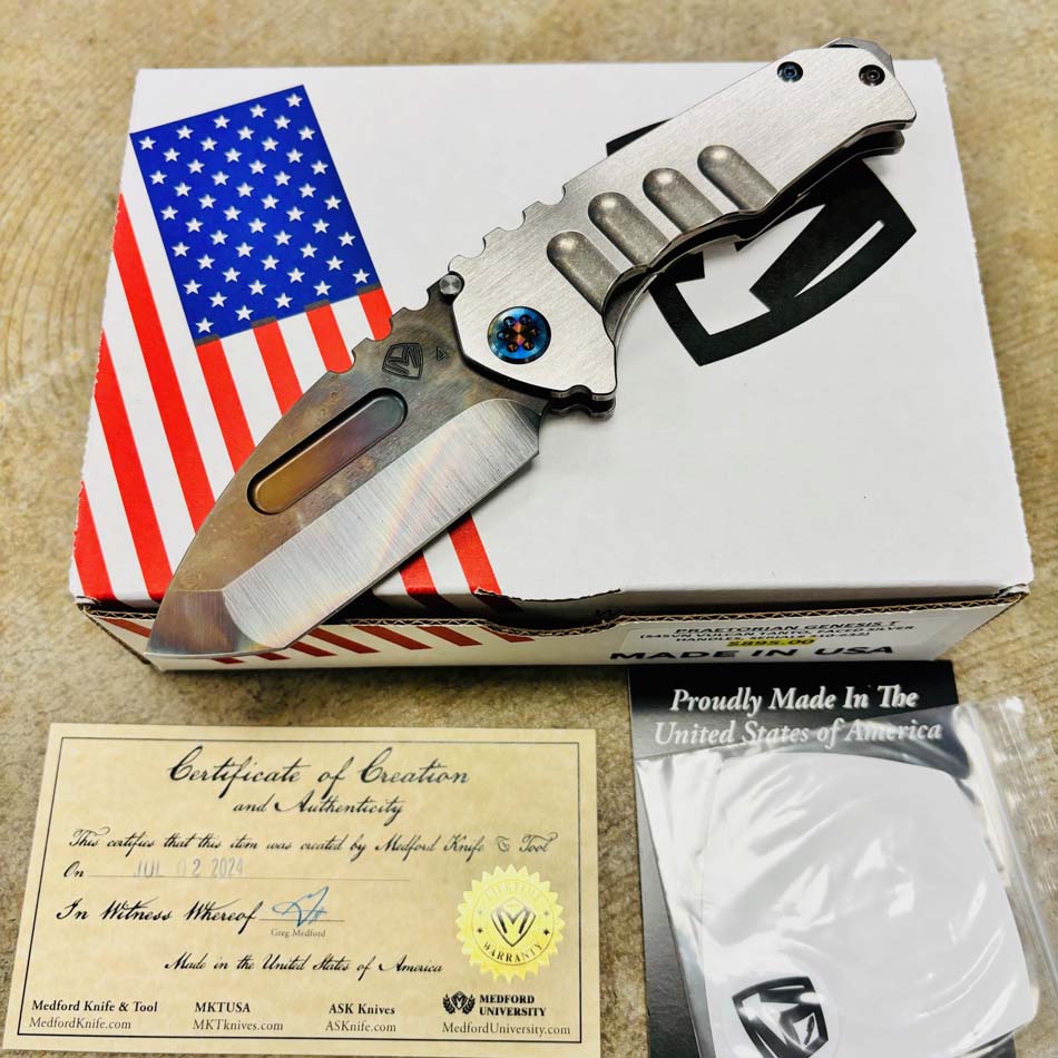 Medford Praetorian Genesis T S45VN Vulcan 3.3" TANTO Faced Silver Handles Knife Serial 310-632 Medford Praetorian Genesis T S45VN Vulcan 3.3" TANTO Faced Silver Handles Knife Serial 310-632