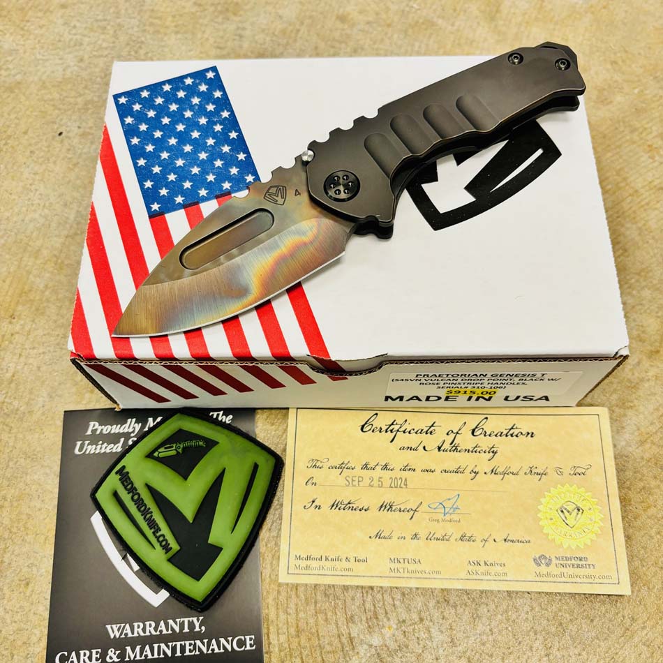 Medford Praetorian Genesis T S45VN Vulcan 3.3" Drop Point Black with Rose Pinstripe Handles Knife Serial 310-106 Medford Praetorian Genesis T S45VN Vulcan 3.3" Drop Point Black with Rose Pinstripe Handles Knife Serial 310-106