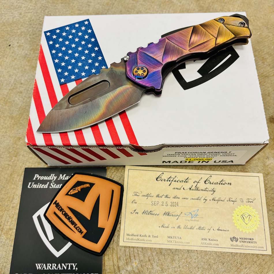 Medford Praetorian Genesis T S45VN Vulcan 3.3" Drop Point Violet to Bronze Stained Glass Handles Knife Serial 310-071 Medford Praetorian Genesis T S45VN Vulcan 3.3" Drop Point Violet to Bronze Stained Glass Handles Knife Serial 310-071