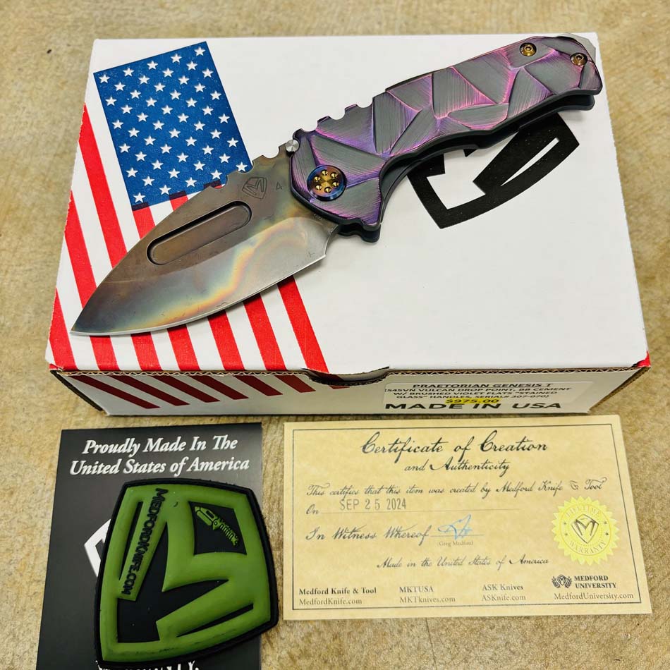 Medford Praetorian Genesis T S45VN Vulcan 3.3" Drop Point Bead Blasted Cement with Brushed Violet Flats Stained Glass Knife Serial 307-070 Medford Praetorian Genesis T S45VN Vulcan 3.3" Drop Point Bead Blasted Cement with Brushed Violet Flats Stained Glass Knife Serial 307-070