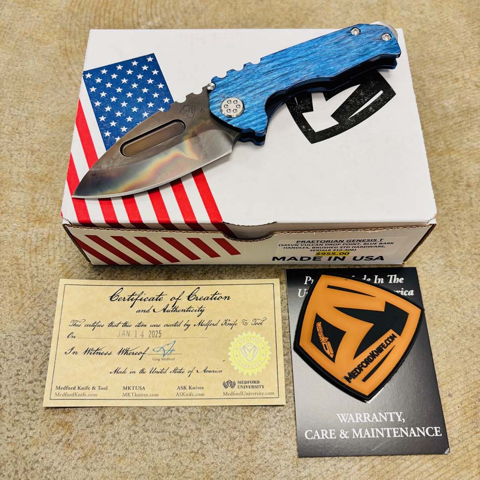 Medford Praetorian Genesis T S45VN Vulcan 3.3" Drop Point Blue Bark Handles Knife Serial 310-406 Medford Praetorian Genesis T S45VN Vulcan 3.3" Drop Point Blue Bark Handles Knife Serial 310-406