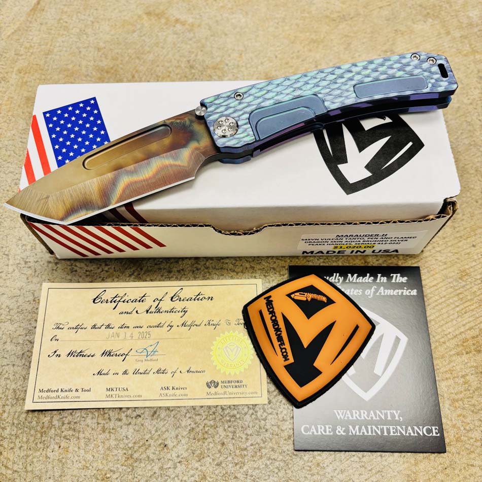 Medford Marauder H S45VN 3.75" Vulcan Tanto Blade Pen Ano Flamed Dragon Skin Aqua Brushed Handles Knife Serial 412-022 Medford Marauder H S45VN 3.75" Vulcan Tanto Blade Pen Ano Flamed Dragon Skin Aqua Brushed Handles Knife Serial 412-022