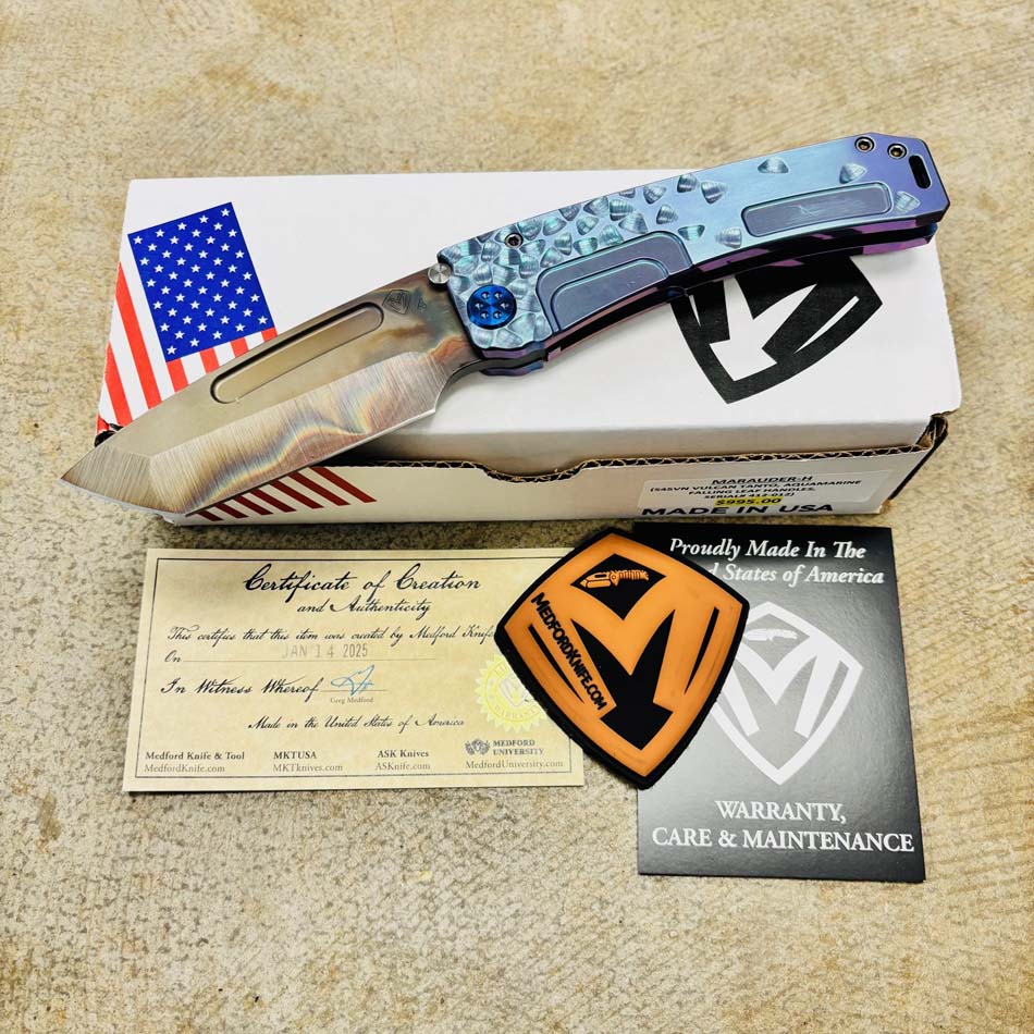 Medford Marauder H S45VN 3.75" Vulcan Tanto Aquamarine Falling Leaf Handles Knife Serial 412-012 Medford Marauder H S45VN 3.75" Vulcan Tanto Aquamarine Falling Leaf Handles Knife Serial 412-012