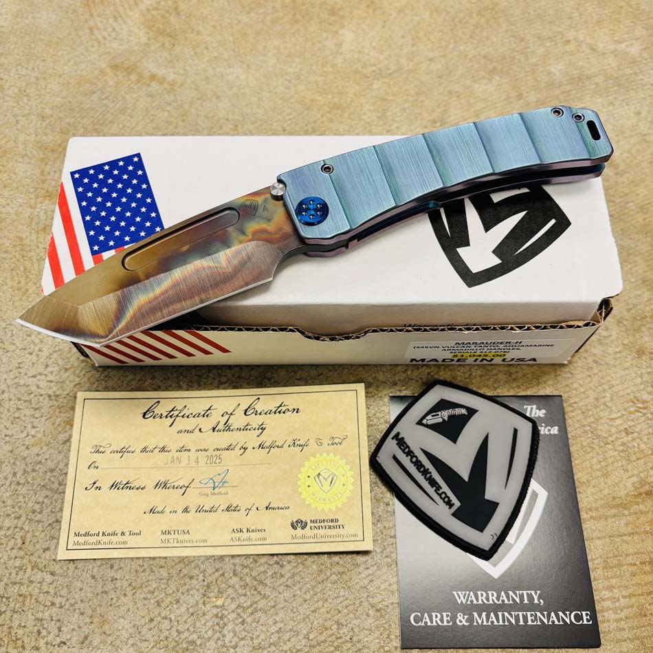 Medford Marauder H S45VN 3.75" Vulcan Tanto Aquamarine Armadillo Handles Knife Serial 412-078 Medford Marauder H S45VN 3.75" Vulcan Tanto Aquamarine Armadillo Handles Knife Serial 412-078