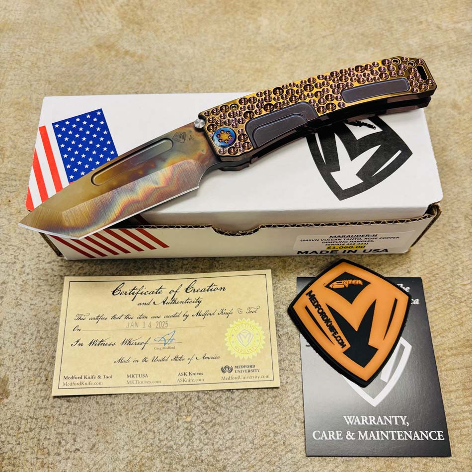 Medford Marauder H S45VN 3.75" Vulcan Tanto Blade Rose Copper Dimpling Handles Knife Serial 412-023 Medford Marauder H S45VN 3.75" Vulcan Tanto Blade Rose Copper Dimpling Handles Knife Serial 412-023