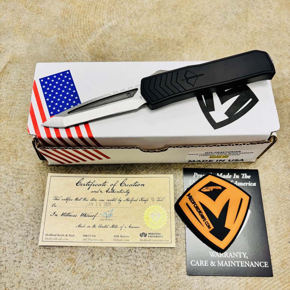 Medford OTF Out The Front Praetorian S45VN 3.75" Tumbled Blade Auto Black Handles Standard Hardware Knife Medford OTF Out The Front Praetorian S45VN 3.75" Tumbled Blade Auto Black Handles Standard Hardware Knife