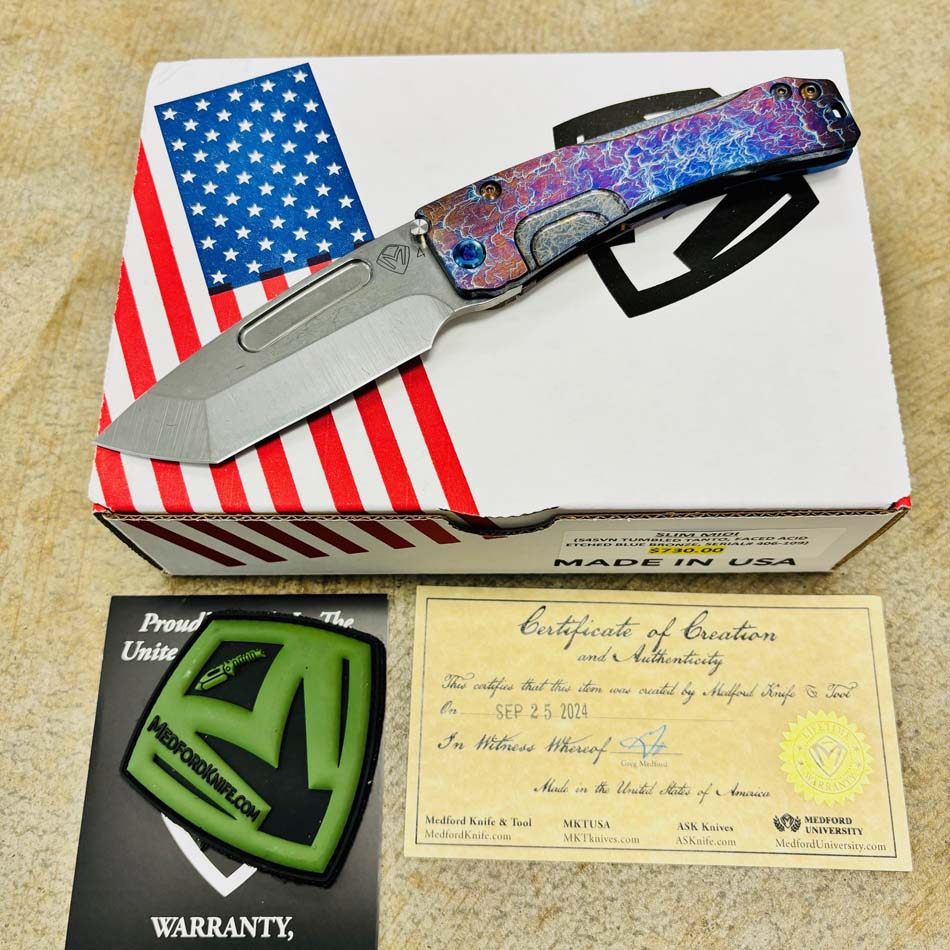 Medford Slim Midi S45VN Tumbled 3.25" TANTO Faced Acid Etched Blue to Bronze Handles Knife Serial 406-109 Medford Slim Midi S45VN Tumbled 3.25" TANTO Faced Acid Etched Blue to Bronze Handles Knife Serial 406-109