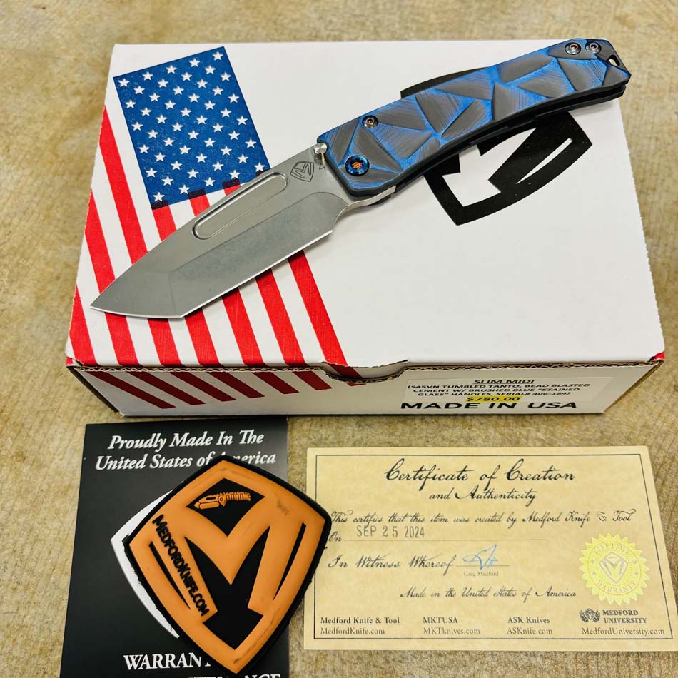 Medford Slim Midi S45VN Tumbled 3.25" TANTO Bead Blasted Cement with Blue Stained Glass Handles Knife Serial 406-184 Medford Slim Midi S45VN Tumbled 3.25" TANTO Bead Blasted Cement with Blue Stained Glass Handles Knife Serial 406-184