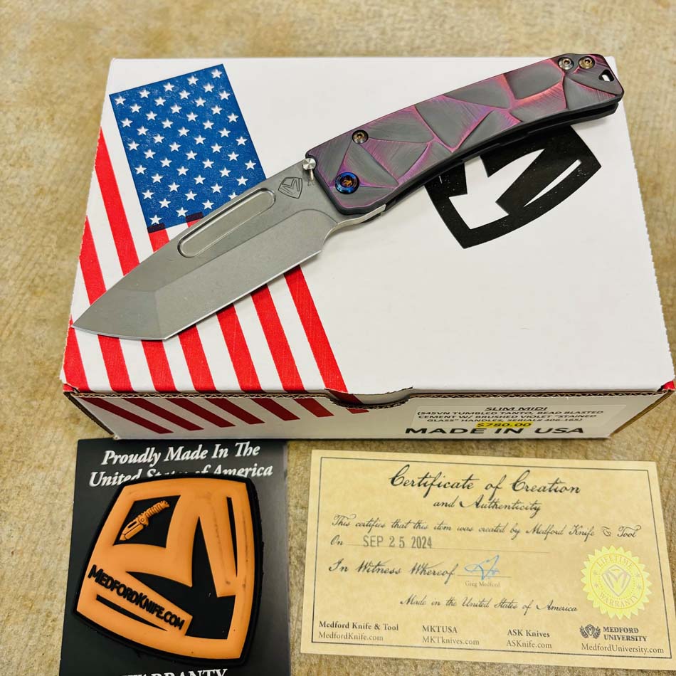 Medford Slim Midi S45VN Tumbled 3.25" TANTO Bead Blasted Cement with Violet Stained Glass Handles Knife Serial 406-165 Medford Slim Midi S45VN Tumbled 3.25" TANTO Bead Blasted Cement with Violet Stained Glass Handles Knife Serial 406-165