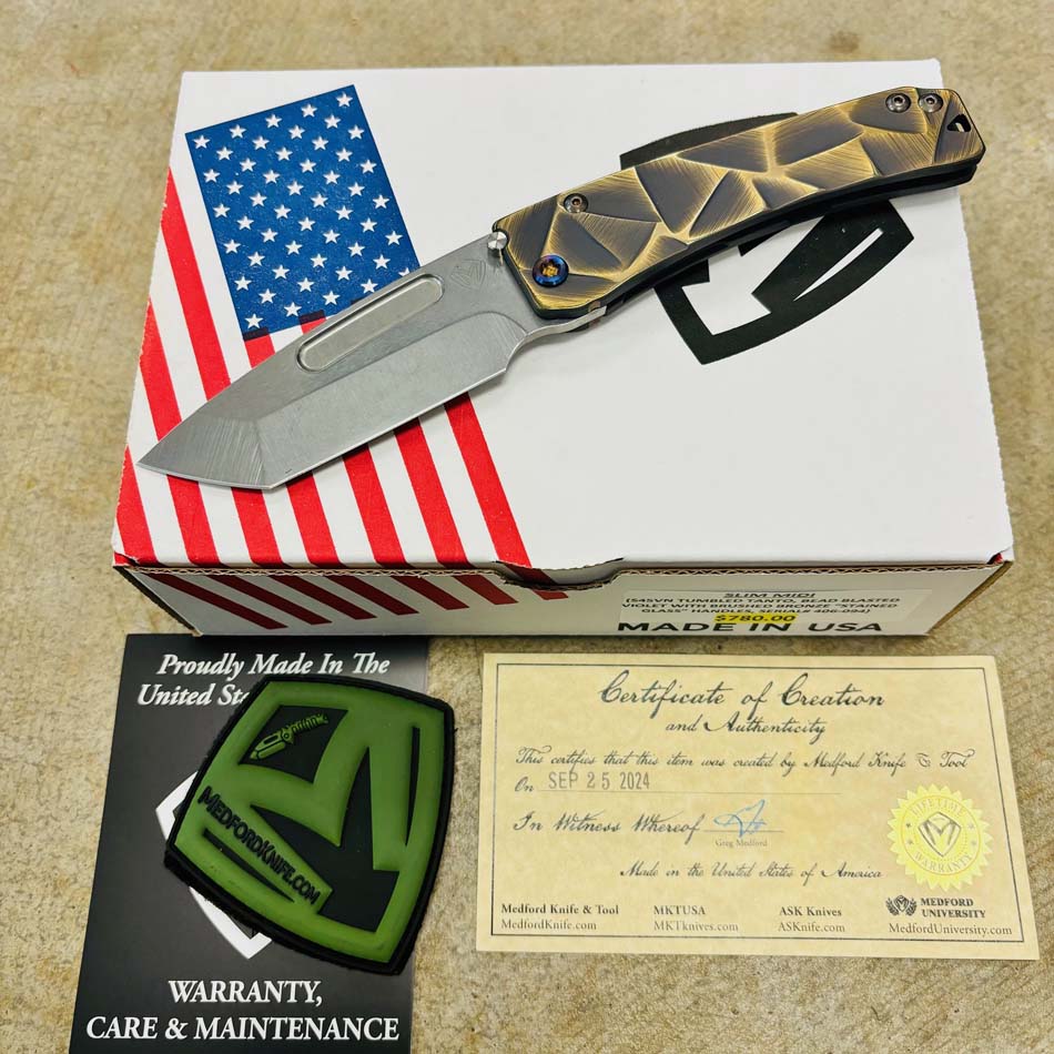 Medford Slim Midi S45VN Tumbled 3.25" TANTO Bead Blasted Violet with Brushed Bronze Stained Glass Handles Knife Serial 406-094 Medford Slim Midi S45VN Tumbled 3.25" TANTO Bead Blasted Violet with Brushed Bronze Stained Glass Handles Knife Serial 406-094