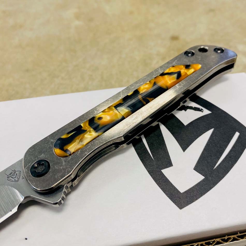 Medford T-Bone S45VN 4" Tumbled Drop Point, Tortoise Shell Inlay Handle, Bronze Clip Folding Knife Serial 308-118 - MKT T-Bone Drop Point Tortoise Inlay Bronze Clip