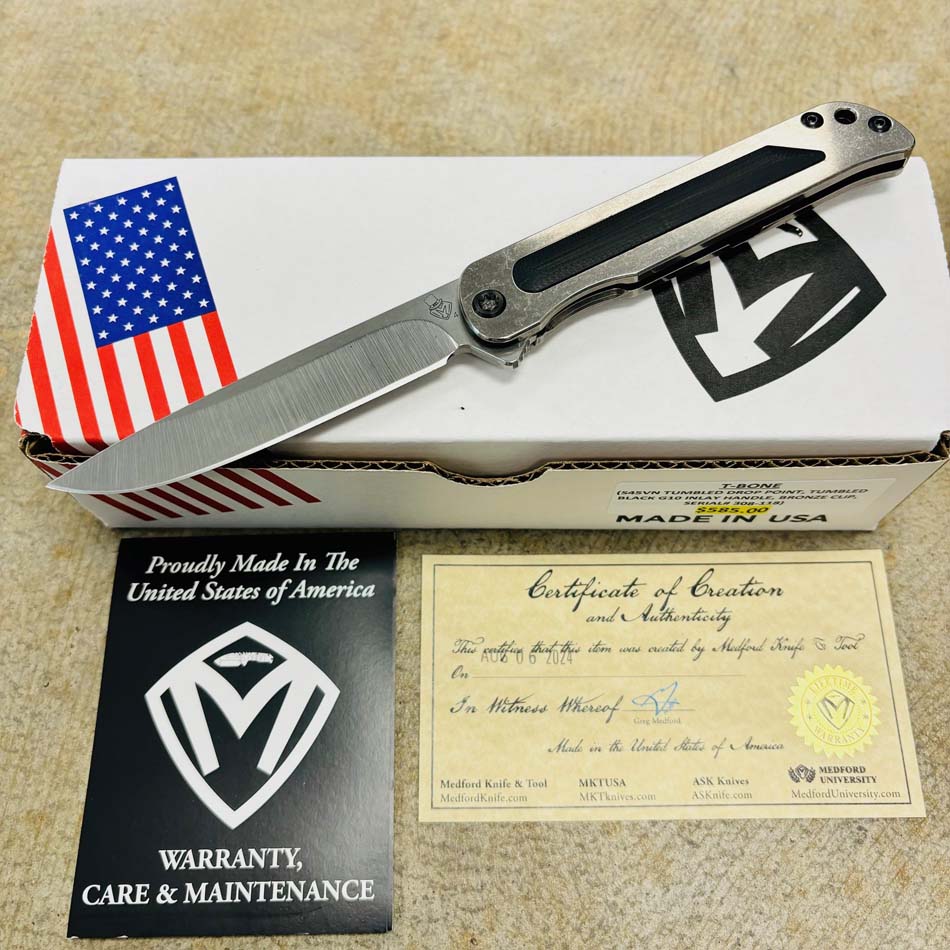 Medford T-Bone S45VN 4" Tumbled Drop Point, Black G10 Inlay Handle, Bronze Clip Folding Knife Serial 308-118 Medford T-Bone S45VN 4" Tumbled Drop Point, Black G10 Inlay Handle, Bronze Clip Folding Knife Serial 308-118