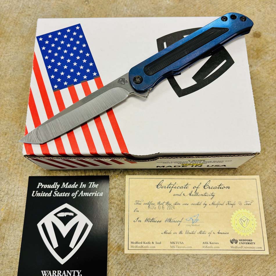 Medford T-Bone S45VN 4" Tumbled Tanto, Black G10 Inlay Blue Handle, Black Hardware Knife Serial 401-080 Medford T-Bone S45VN 4" Tumbled Tanto, Black G10 Inlay Blue Handle, Black Hardware Knife Serial 401-080