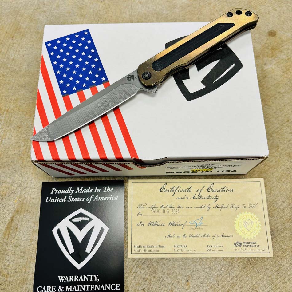 Medford T-Bone S45VN 4" Tumbled Tanto, Black G10 Inlay Bronze Handle, Black Hardware Knife Serial 401-097 Medford T-Bone S45VN 4" Tumbled Tanto, Black G10 Inlay Bronze Handle, Black Hardware Knife Serial 401-097