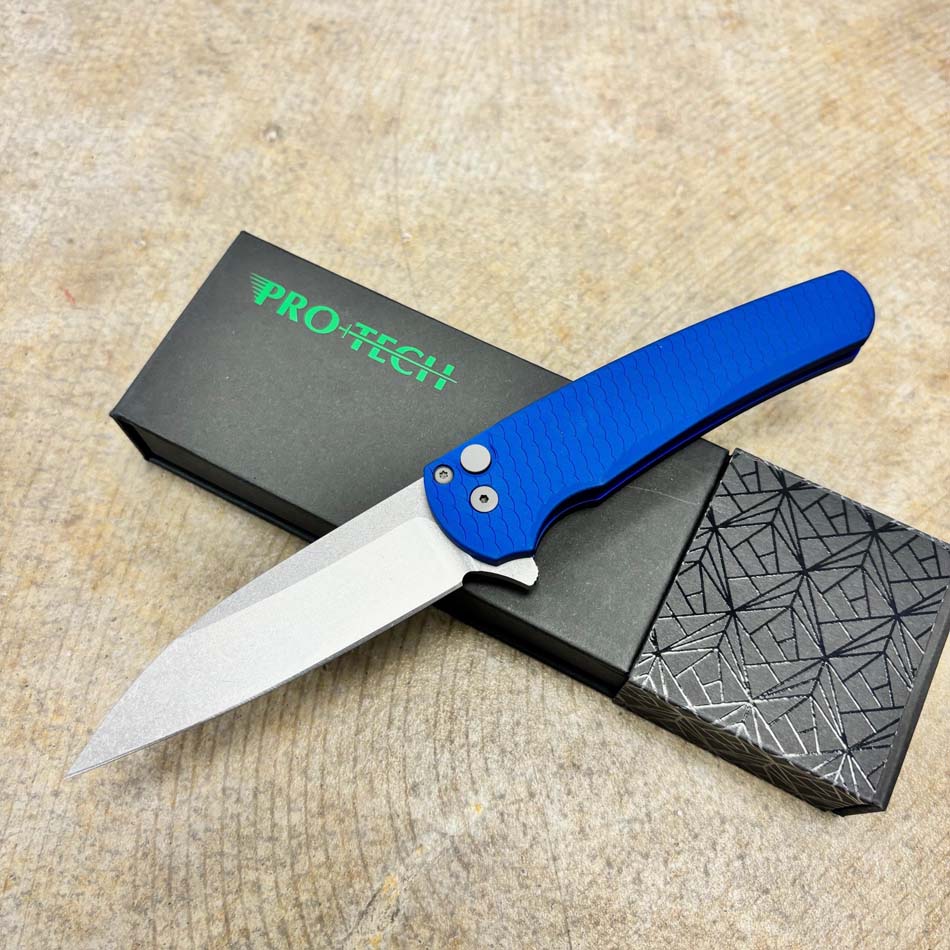 Protech 5335-BLUE Malibu Magnacut Wharncliffe 3.3" Stonewash Flipper Blue Aluminum Handles, Black Hardware Knife Protech 5335-BLUE Malibu Magnacut Wharncliffe 3.3" Stonewash Flipper Blue Aluminum Handles, Black Hardware Knife