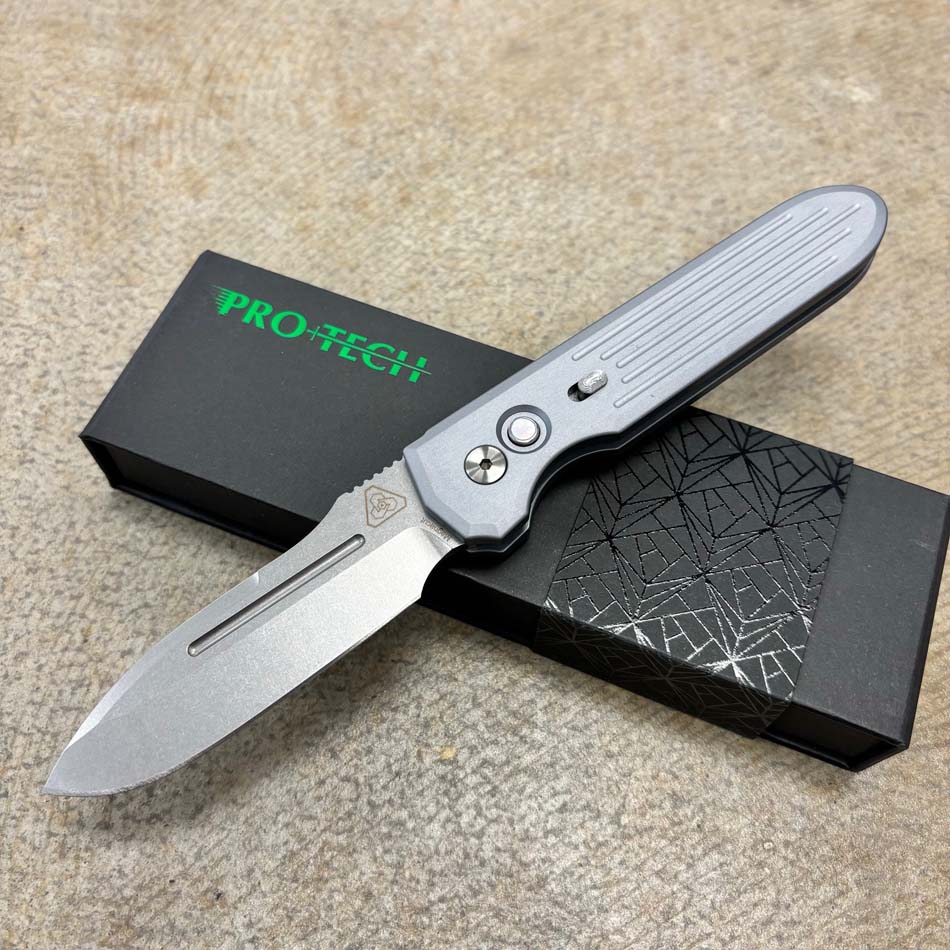 Protech Prometheus Design Werx 3.5" Invictus Grey Handle, Mother of Pearl Button New Steel Safety, Stonewash CPM-Magnacut Blade, Knife BLADE SHOW 2024 #2 of 120 - Protech Invictus Blade Show