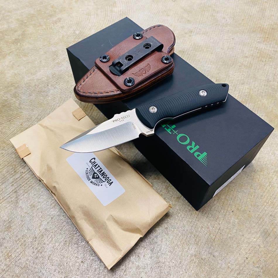 Protech LG502-SATIN SBR Fixed S35VN Satin 2.5" Blade Black G10 Scales Knife with Leather Sheath