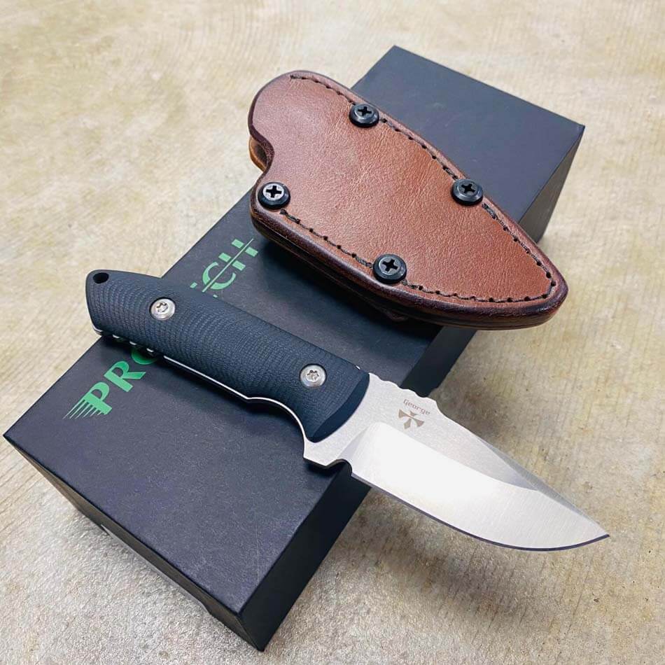 Protech LG502-SATIN SBR Fixed S35VN Satin 2.5" Blade Black G10 Scales Knife with Leather Sheath - LG502-SATIN