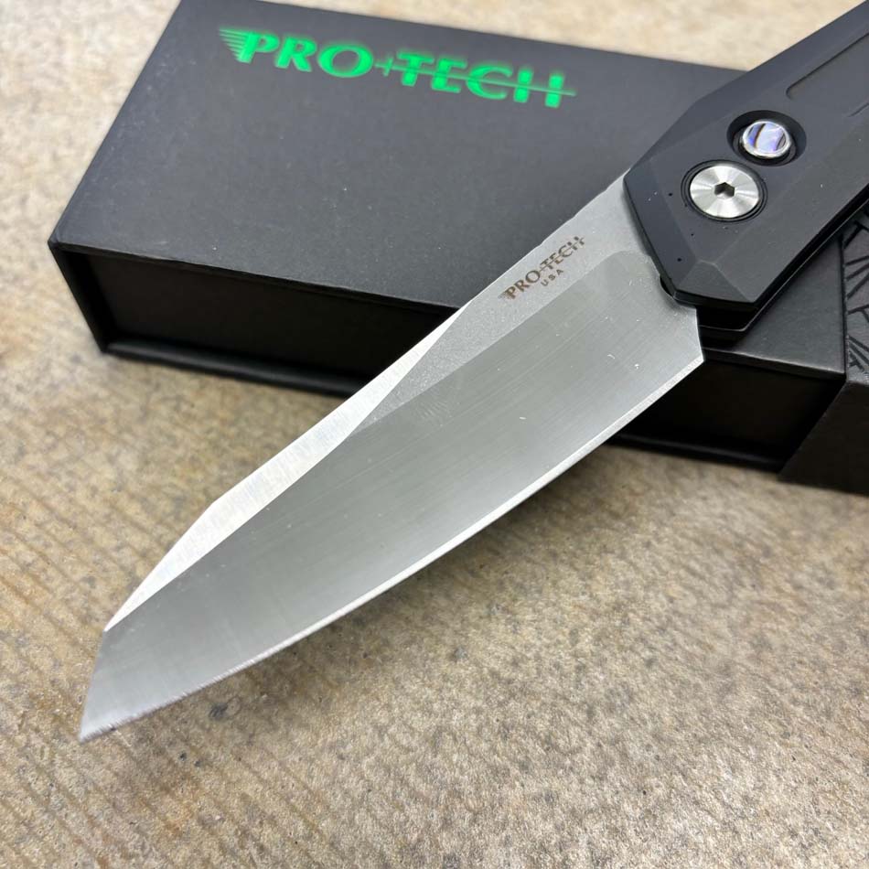 Protech Oligarch Dmitry Sinkevick Design Solid Black Aluminum Handles, Machine Satin Magnacut Blade, Abalone Push Button Knife BLADE SHOW 2024 - Protech 2024 ATL Oligarch knife