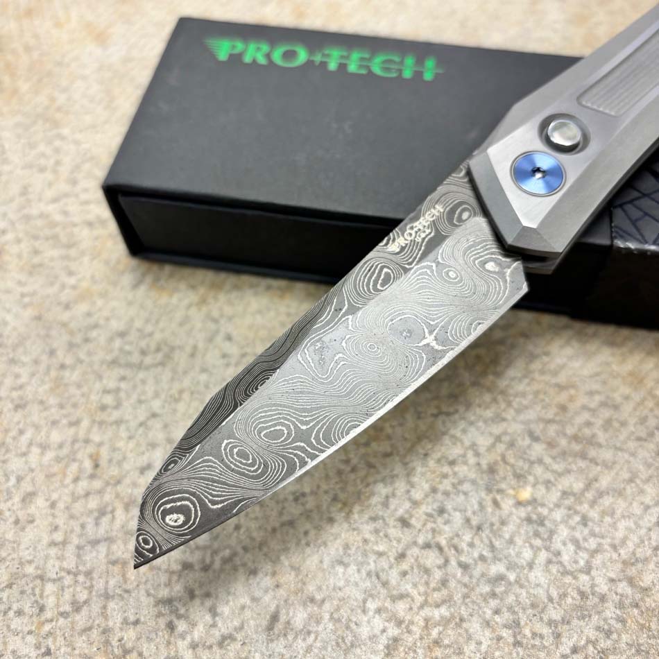 Protech Oligarch Dmitry Sinkevick Design Hardened 17-4 Stainless Steel Handles with Weave Texture, Chad Nichols VIRUS Damasuc Blade, Black Lip Push Button Knife BLADE SHOW 2024 #2 of 100 - Protech Oligarch Custom 003