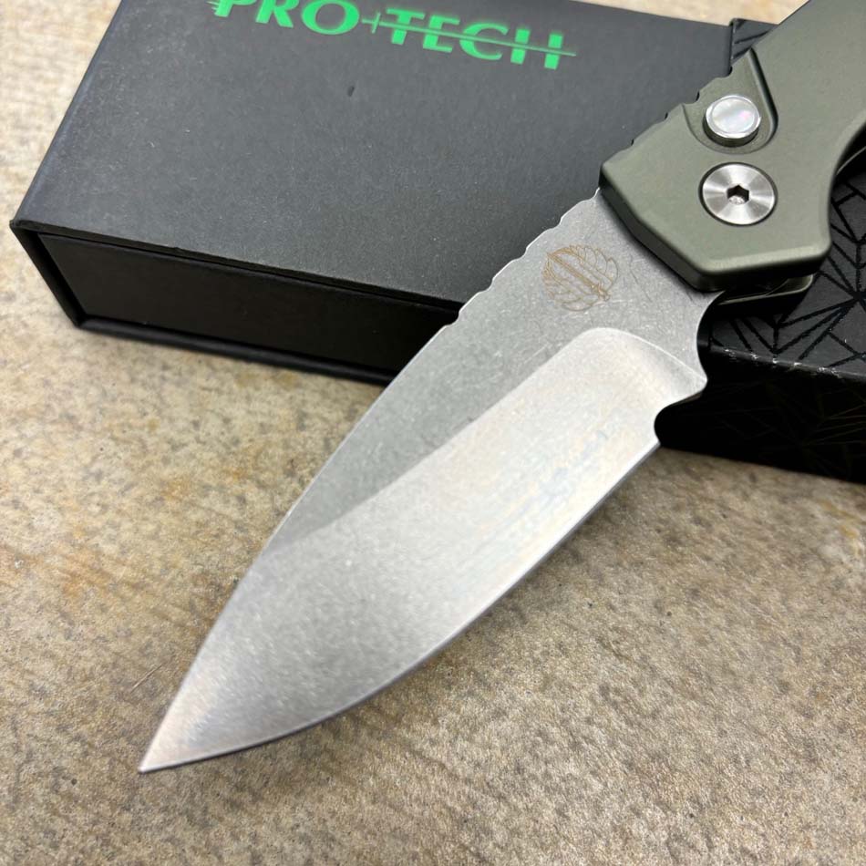 ProTech Strider PT+ Green Solid Handles, Stonewash Magnacut Blade, Mother of Pearl Push Button Automatic Knife - Protech PT+ Green Knife