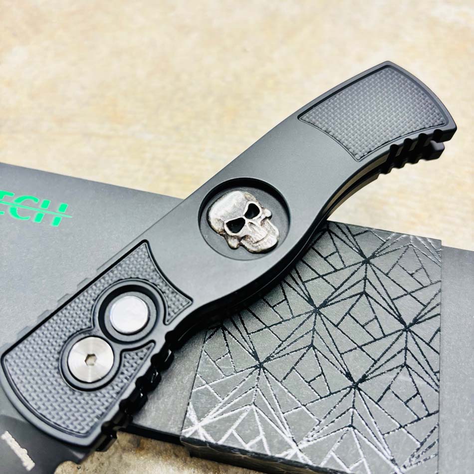 PROTECH TR-2 Skull Drop Point 3.0" DLC Black Magnacut Blade Auto Textured Black Handle with Sterling Silver Shaw Skull Knife - ProTech TR-2 Skull Knife