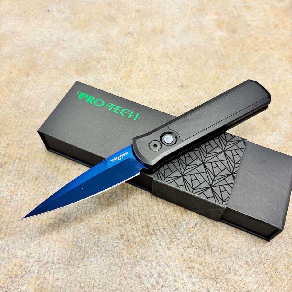 Protech 755-SB Godson 3.15" Sapphire Blue Blade, Solid Black Handles with Single Sided Black G10 Inlay, Abalone Button, Automatic Knife Protech 755-SB Godson 3.15" Sapphire Blue Blade, Solid Black Handles with Single Sided Black G10 Inlay, Abalone Button, Automatic Knife